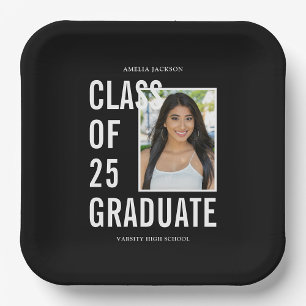 Black & White Class Of 25 Photo Graduation Party Paper Plate