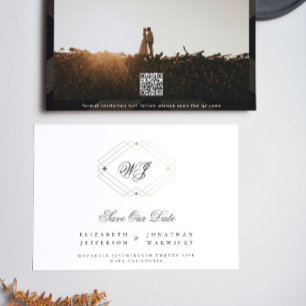 black & white classic deco gold monogram QR CODE Save The Date