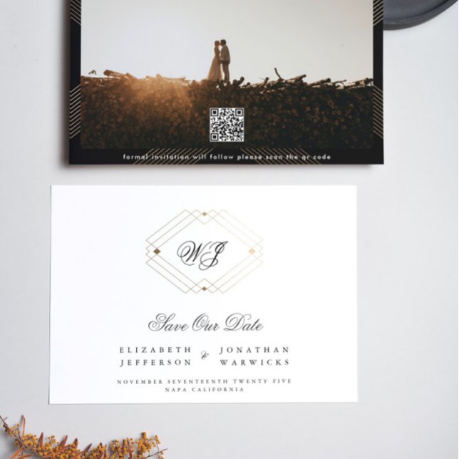 black & white classic deco gold monogram QR CODE Save The Date (Creator Uploaded)