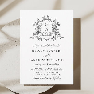Black & White Classic Floral Crest Wedding Invitation