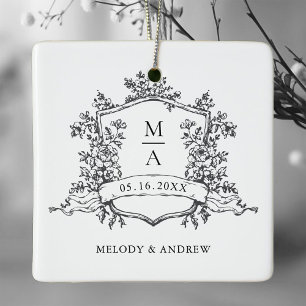 Black & White Classic Floral Crest Wedding Photo  Ceramic Ornament
