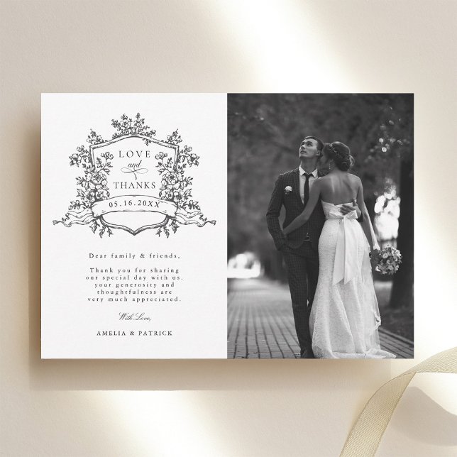 Black & White Classic Floral Crest Wedding Photo Thank You Card (Creator Uploaded)