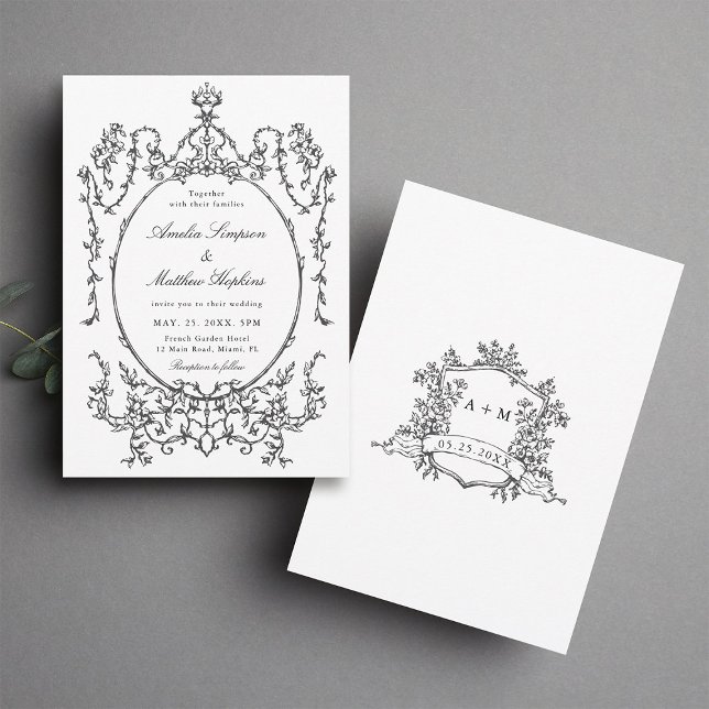 Black & White Classic Frame Wedding            Invitation (Front & Back)