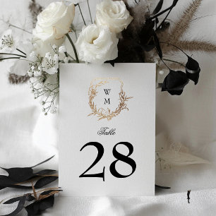black white classic monogram wedding gold crest table number