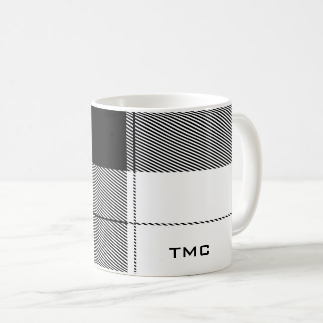 Black White Classic Plaid Initials Modern Preppy Coffee Mug (Front Right)