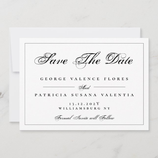 Black White Classic Traditional Elegant Save The Date (Front)