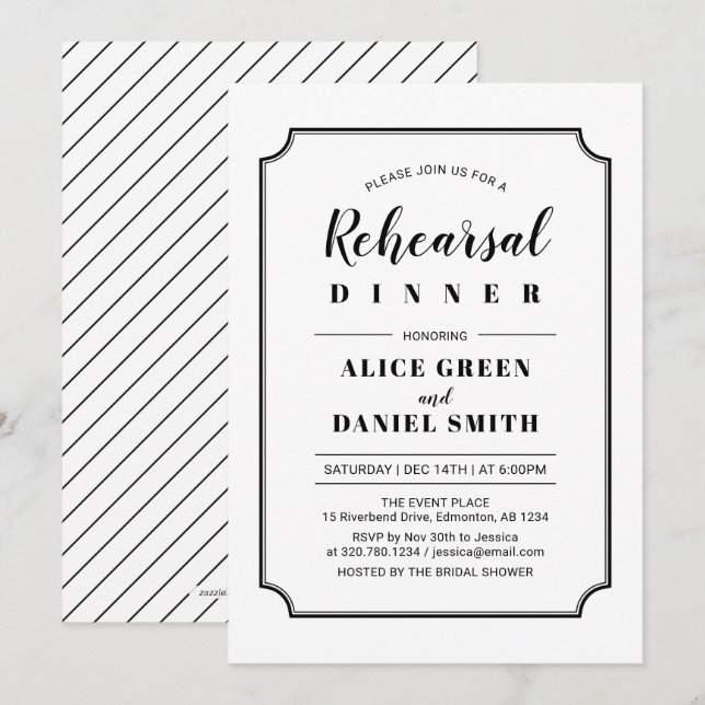 Black & White | Classic Wedding Rehearsal Dinner Invitation (Front/Back)