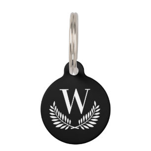 Black white classic wreath monogram initial dog pet tag
