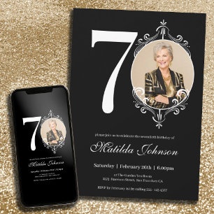 Black White Classy Custom Photo 70th Birthday Invitation