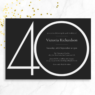 Black White Classy Modern Minimalist 40th Birthday Invitation