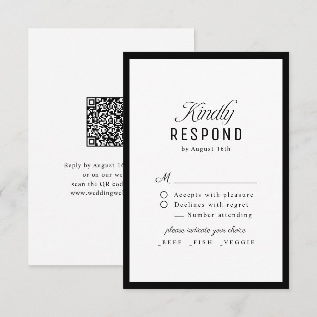Black White Classy Script Elegant QR code Wedding RSVP Card (Front/Back)