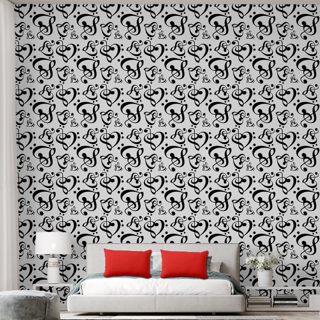 Black & White Clef Hearts Music Pattern Wallpaper (Creator Uploaded)