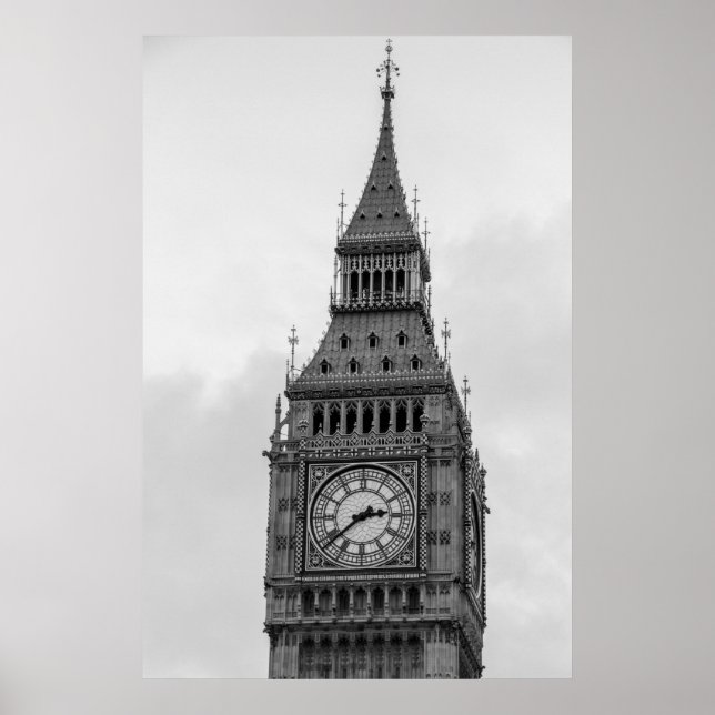 Black White Close up Big Ben Clock Tower London Poster (Front)