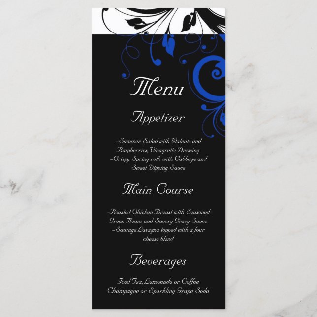Black/White/Cobalt Blue Bold Swirl Wedding Menu (Front)