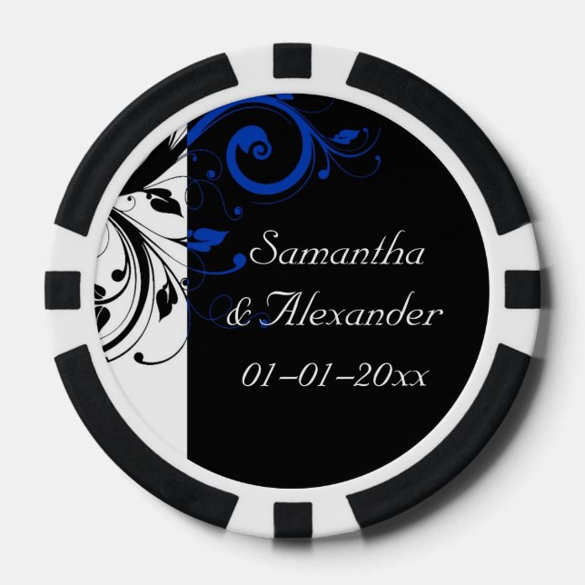 Black/White/Cobalt Blue Bold Swirl Wedding Poker Chips (Front)