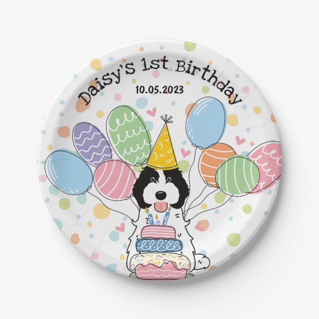 Black White Cockapoo Cavapoo Dog Birthday  Paper Plate (Front)
