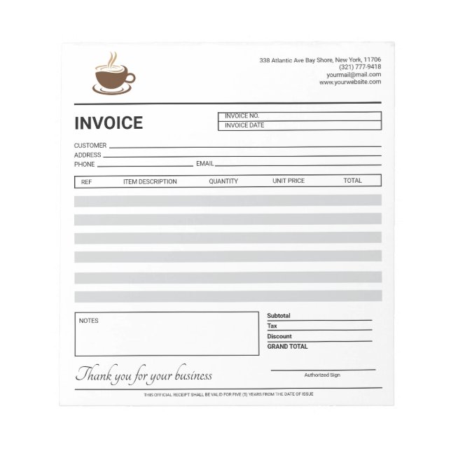 Black & White Coffee Shop Invoice / Receipt  Notepad (Front)
