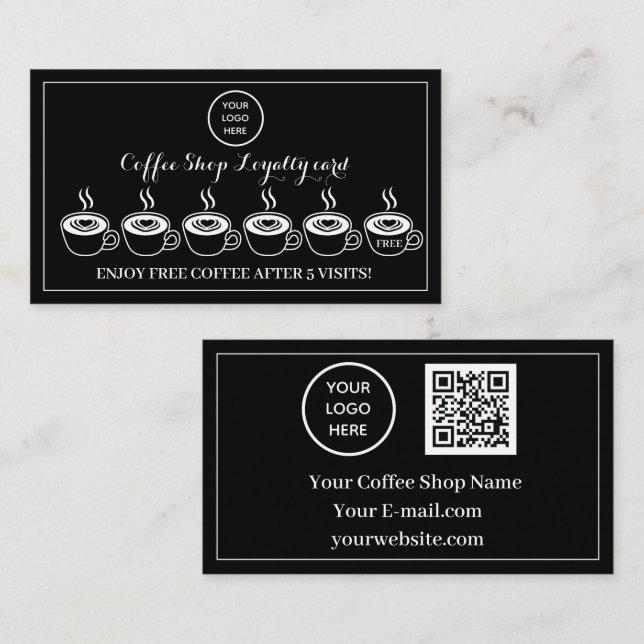 Black White Coffee Shop Logo Business Reward Punch Loyalty Card (Front/Back)