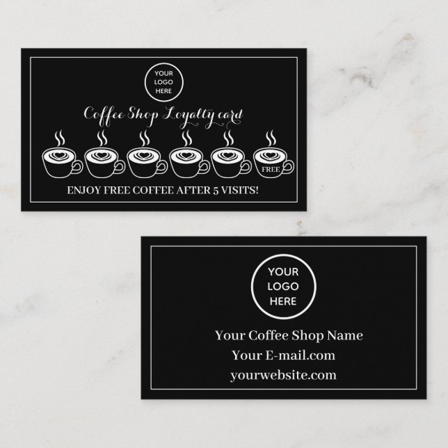 Black White Coffee Shop Logo Business Reward Punch Loyalty Card (Front/Back)