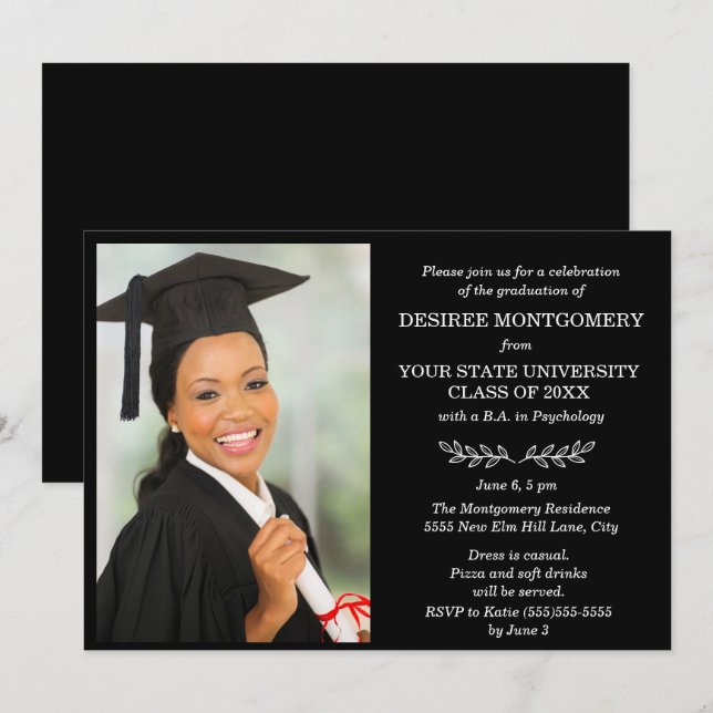 Black White College University Photo Graduation Invitation (Front/Back)