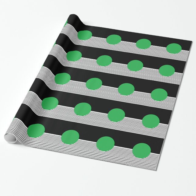 Black White Colorblock & Green Circle Wrapping Paper (Unrolled)