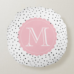Black & White Confetti Dots Blush Monogram Round Round Cushion