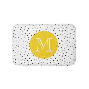 Black & White Confetti Dots Bright Yellow Monogram Bath Mat