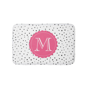 Black & White Confetti Dots Hot Pink Monogram Bath Mat