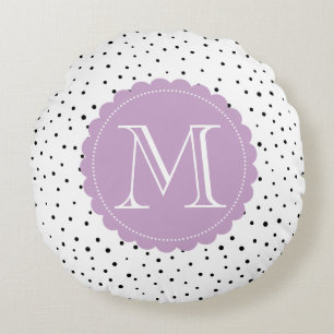 Black & White Confetti Dots Lilac Monogram Round Round Cushion