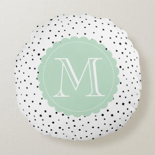 Black & White Confetti Dots Mint Green Monogram Round Cushion