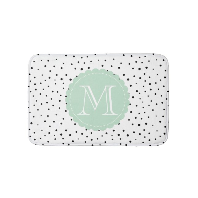 Black & White Confetti Dots Mint Monogram Bath Mat (Front)
