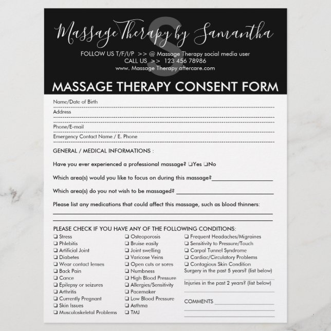 Black White Consent Budget Form Massage Therapy Flyer (Front)