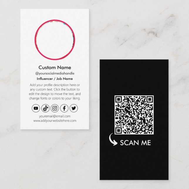 Black White Content Creator QR Code Social Media Business Card (Front/Back)