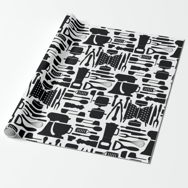 Black & White Cooking Gadgets & Utensils Wrapping Paper (Unrolled)