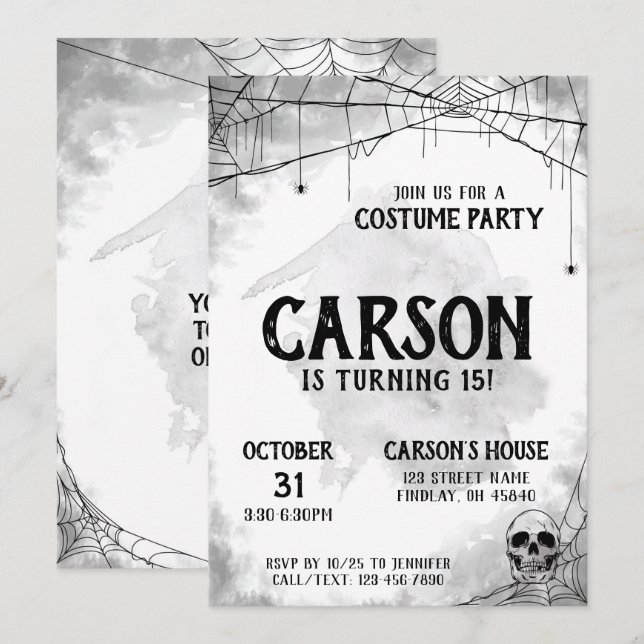 Black & White Costume Halloween Birthday Party Invitation (Front/Back)
