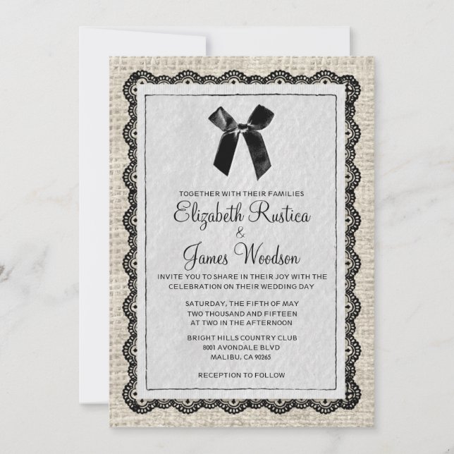 Black & White Country Burlap Wedding Invitations (Front)