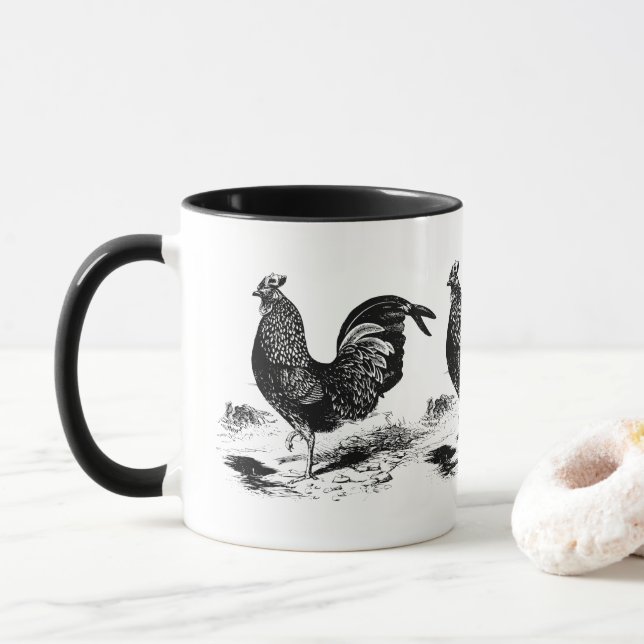 Black white Country Vintage rooster mug (With Donut)