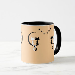Black & White Couple Cats Under Crescent Moon Mug