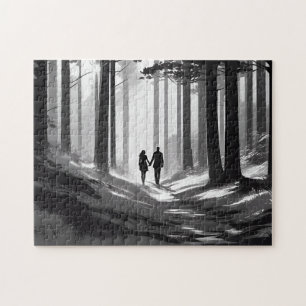 Black & White Couple Silhouette in Forest Jigsaw Puzzle