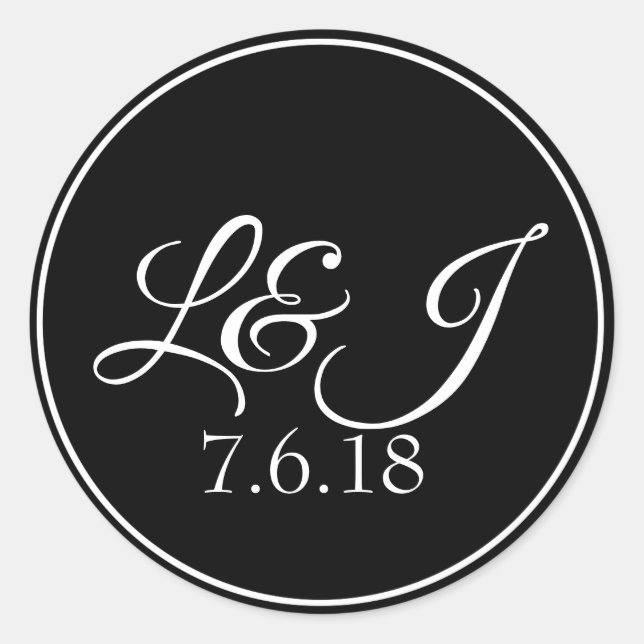 Black & White Couple's Initals & Wedding Date Classic Round Sticker (Front)
