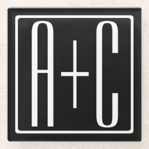 Black & White Couples Initials Glass Coaster