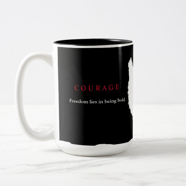 Black White Courage Quote Wolf Two-Tone Coffee Mug (Left)