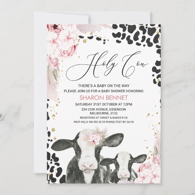 Black White Cow Calf Boho Floral Baby Shower Invitation (Front)