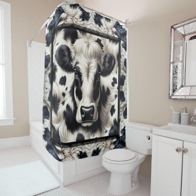 Black & White Cow Cowhide Fur Furry Look Shower Curtain (In Situ)