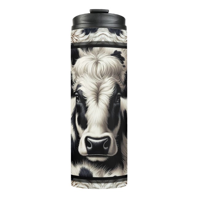 Black & White Cow Cowhide Fur Furry Look Thermal Tumbler (Front)