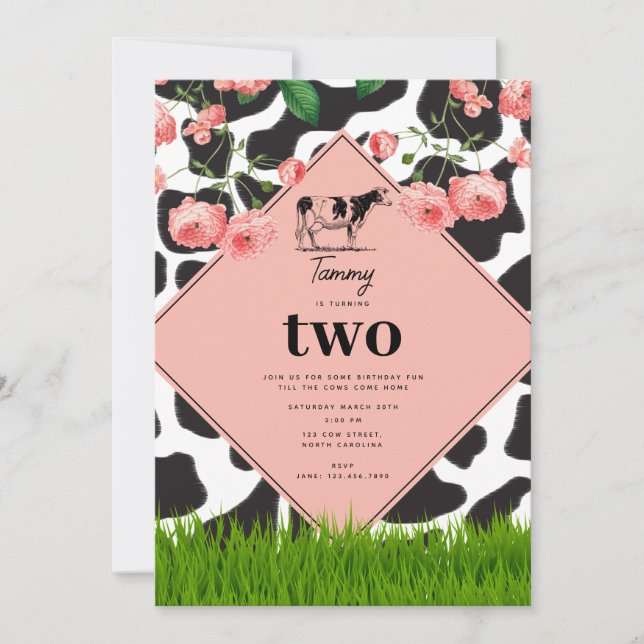 Black & White Cow Farm Animal Birthday Party Pink Invitation (Front)