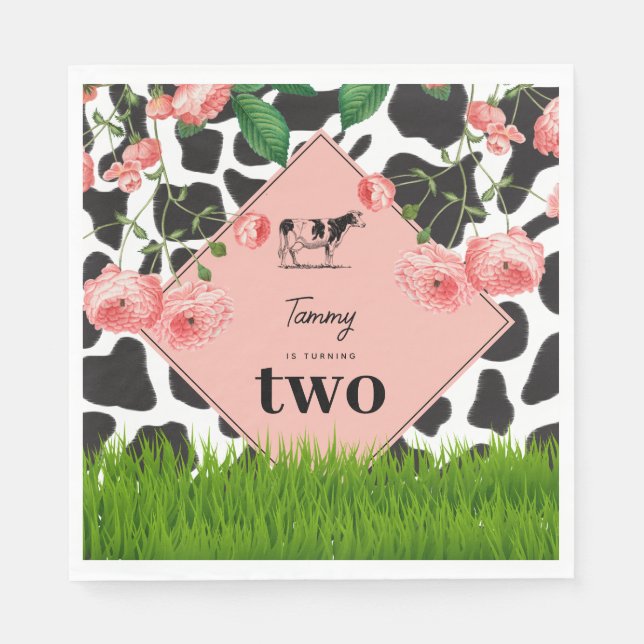 Black & White Cow Farm Animal Birthday Party Pink Napkin (Front)