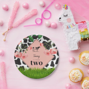 Black & White Cow Farm Animal Birthday Party Pink Paper Plate