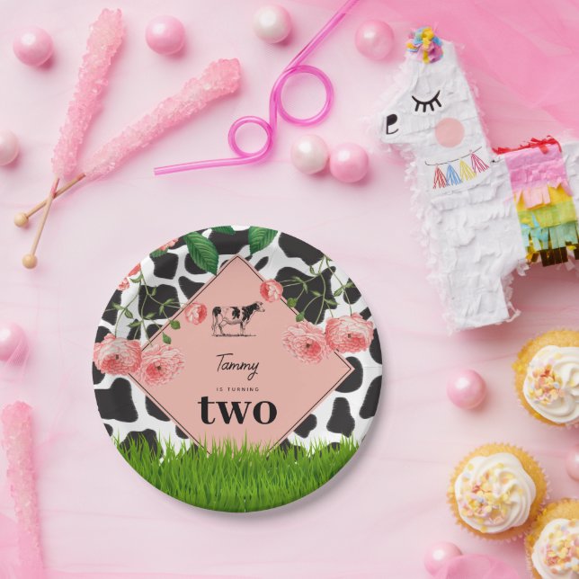 Black & White Cow Farm Animal Birthday Party Pink Paper Plate (Party)