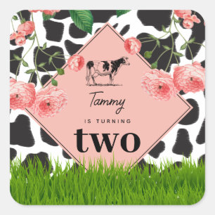 Black & White Cow Farm Animal Birthday Party Pink Square Sticker